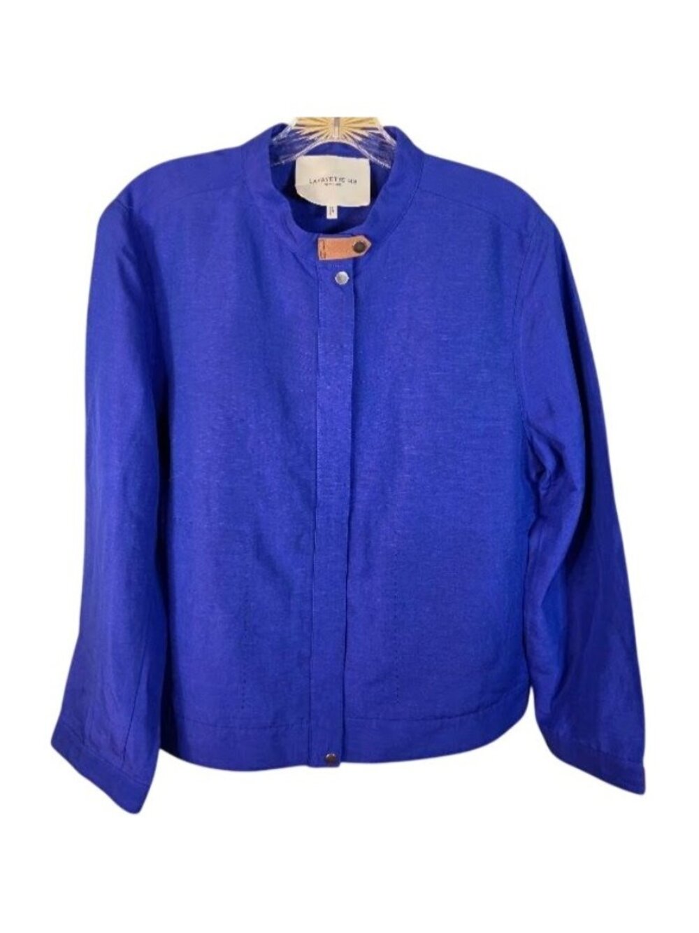 Lafayette 148 New York Blue Zip Jacket Leather Trim Women L Lightweight XL